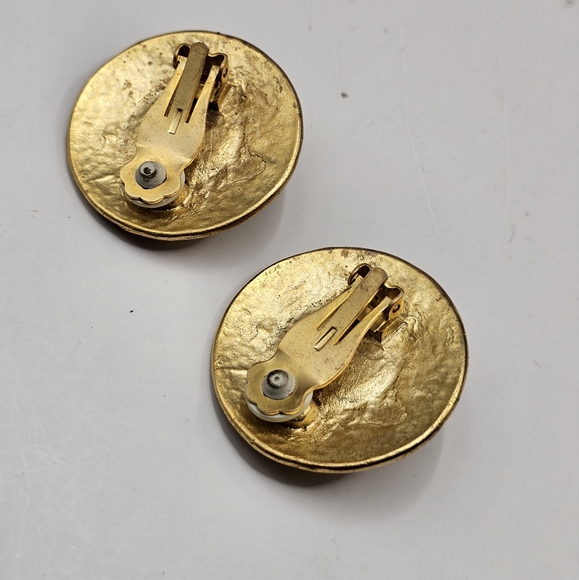 80's Circle Brutalist Earrings Clip-On Gold Tone Teal Center Stud Metal Vintage - Picture 5 of 8